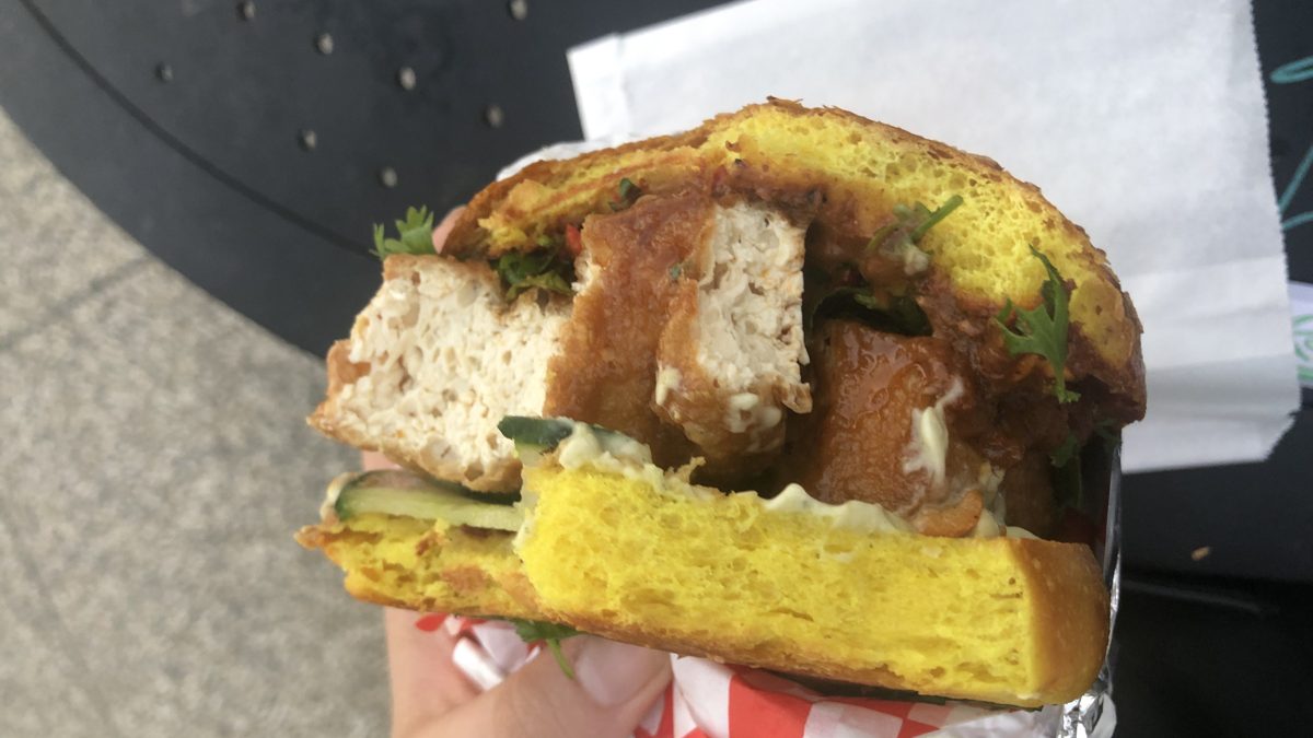 Vegan Singaporean food at Lion Dance Cafe in Downtown Oakland, San Francisco Bay Area featuring Tauhu Goreng sandwich, Shaobing sandwich, Three cup tofu