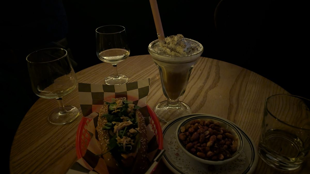 Vegan American food at Tallboy in Temescal, San Francisco Bay Area featuring espresso martini slushie, lion dancing dog, lion dance cafe peanuts